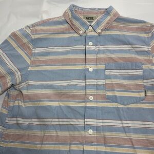 MEN’S Vans Light Blue Red Yellow Button Down Short Sleeve Shirt Size Small